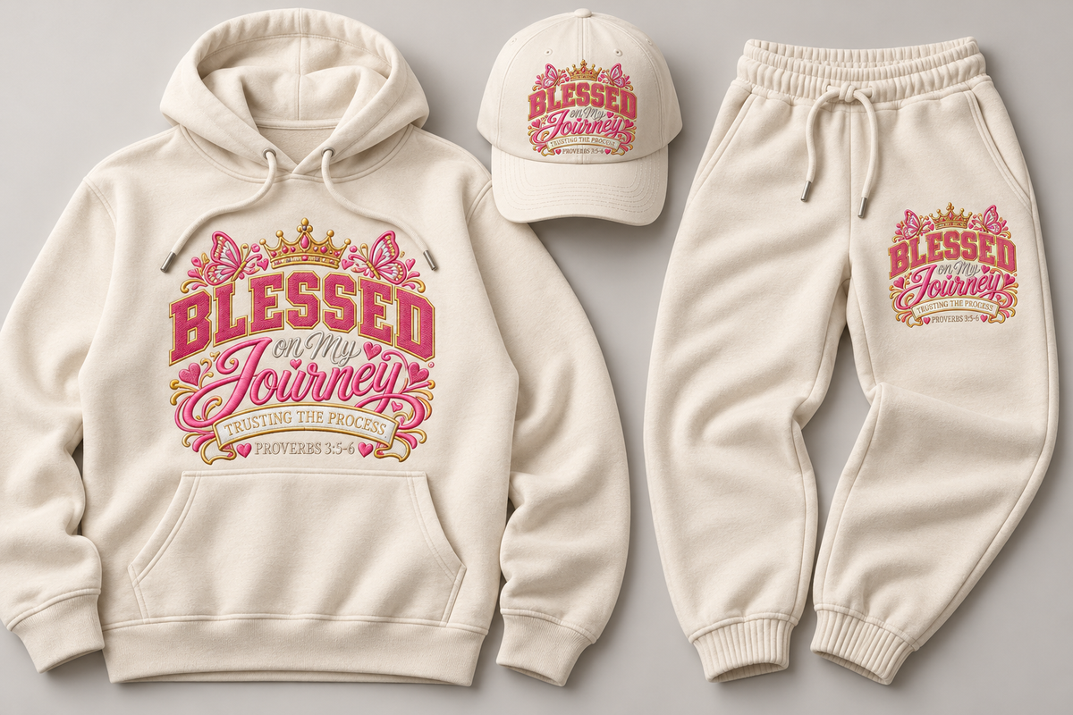 Blessed on My Journey 3-Piece Cream Embroidered Set