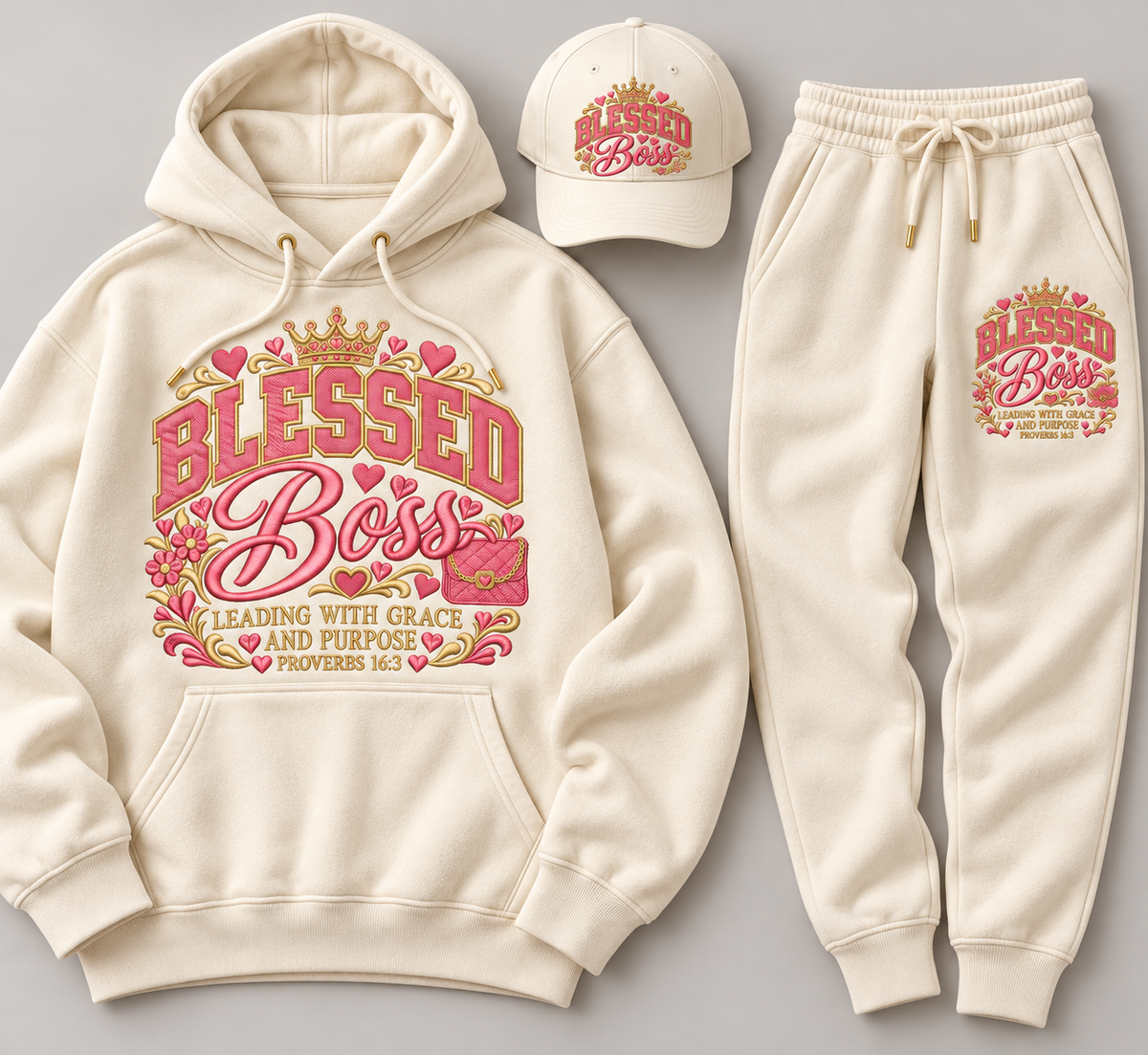 Blessed Boss | Embroidered Joggers - Cream