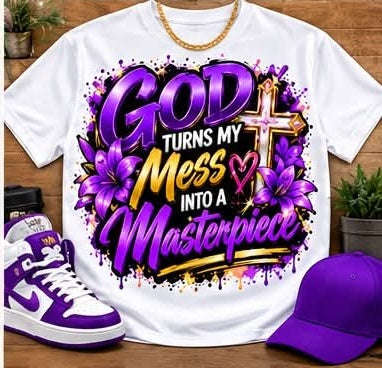 White God Turns My Mess Into a Masterpiece graphic T-shirt with purple flowers, a gold cross, and purple and gold lettering; styled with accessories.
