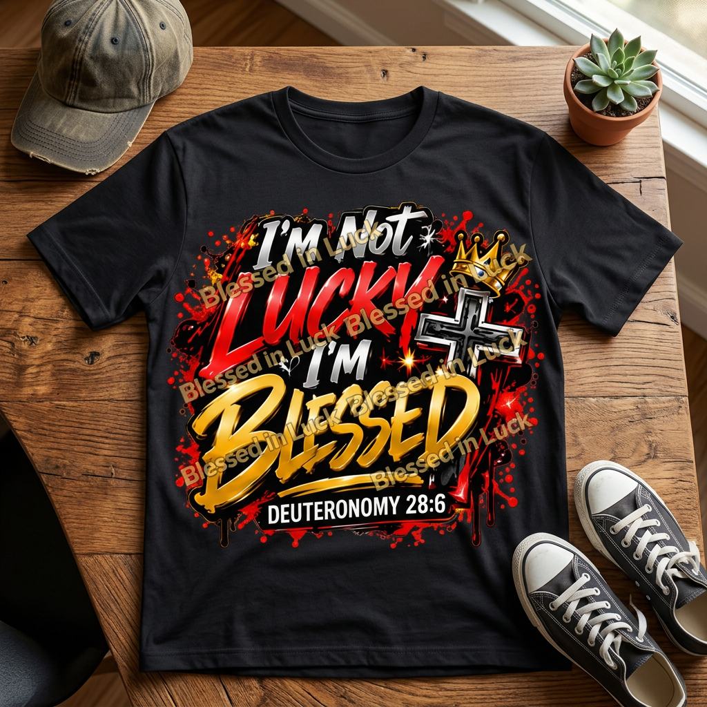 I'm Not Lucky, I'm Blessed Deuteronomy 28:6 graphic printed on a black T-shirt