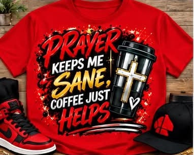 Red Prayer Keeps Me Sane Coffee Just Helps graphic T-shirt with red, white, and gold lettering and a black coffee cup with a cross; styled with accessories.