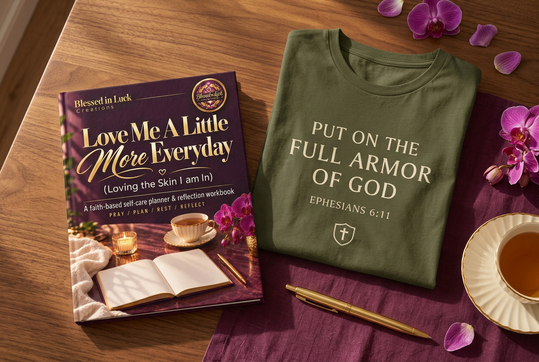Styled tabletop mockup of the Love Me A Little More Everyday printable workbook beside the olive Full Armor of God Ephesians 6:11 T-shirt, with purple orchids and a gold pen.
