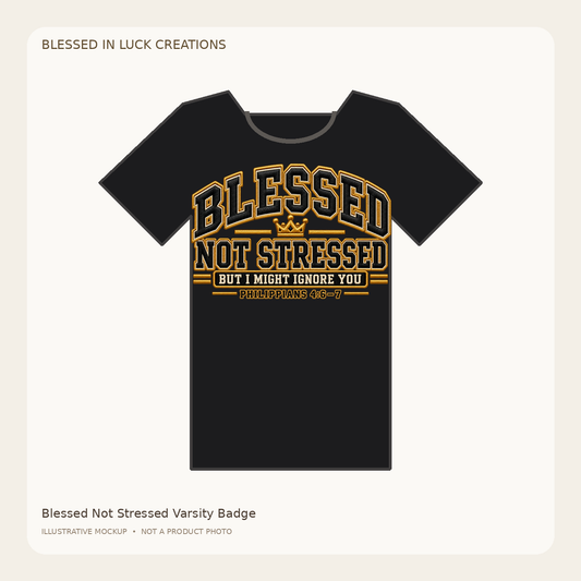 Illustrative mockup of a black Blessed Not Stressed T-shirt with gold-toned varsity lettering, a crown, and Philippians 4:6–7 reference.