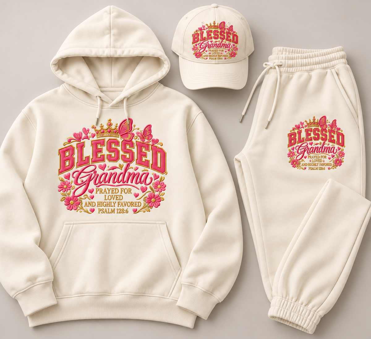 Blessed Grandma cream hoodie, joggers, and matching cap