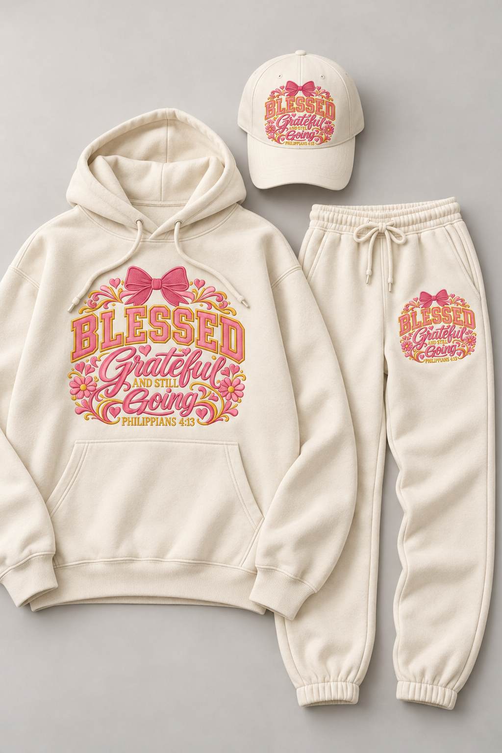 Blessed Grateful and Still Going 3-Piece Cream Embroidered Set