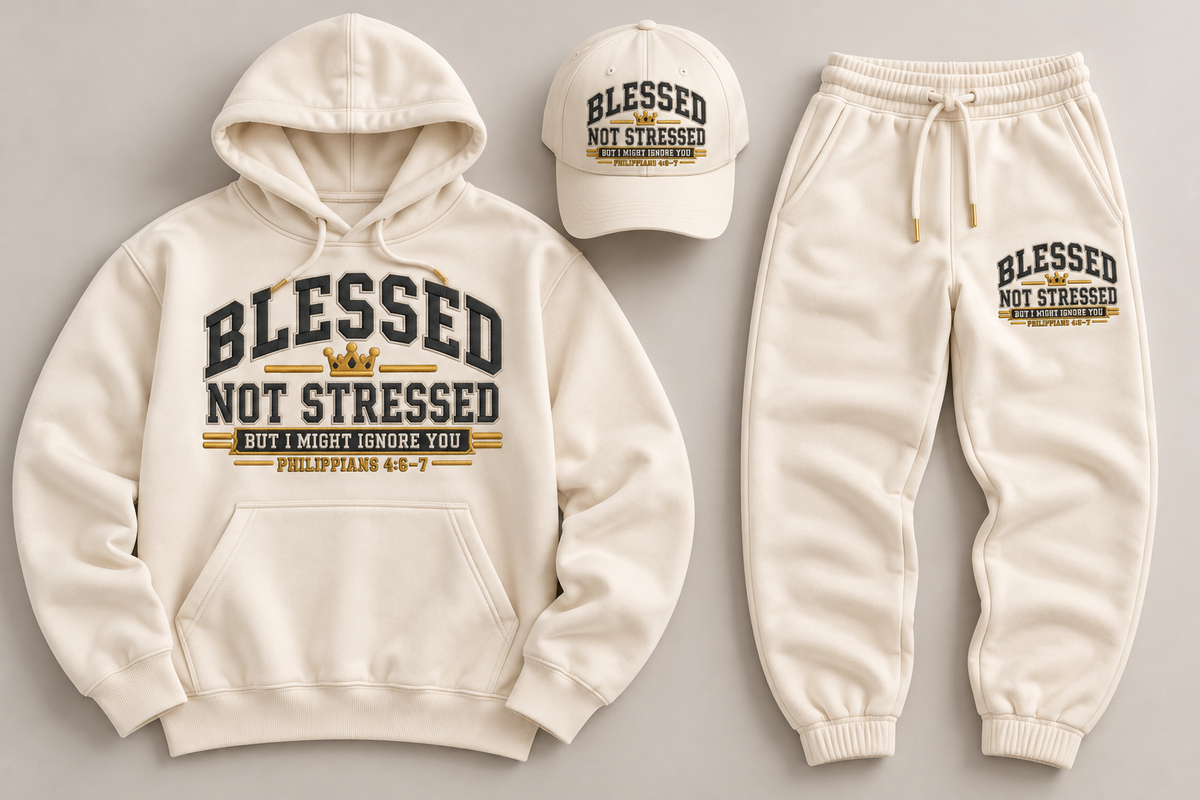 Blessed Not Stressed | Embroidered Hoodie - Cream