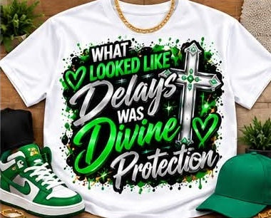 White What Looked Like Delays Was Divine Protection graphic T-shirt with green and white lettering, a silver-toned cross, and green hearts; styled with accessories.
