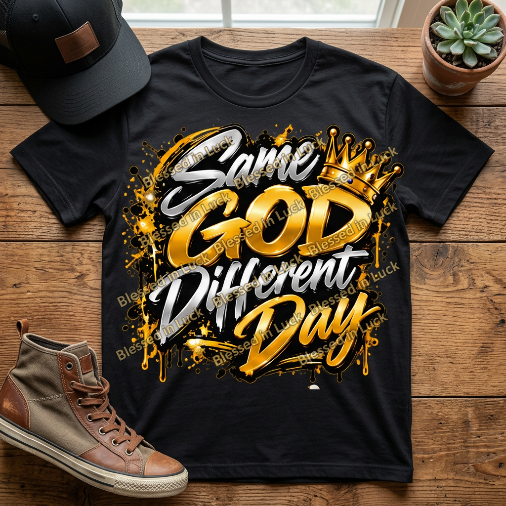 Same God, Different Day graphic printed on a black T-shirt