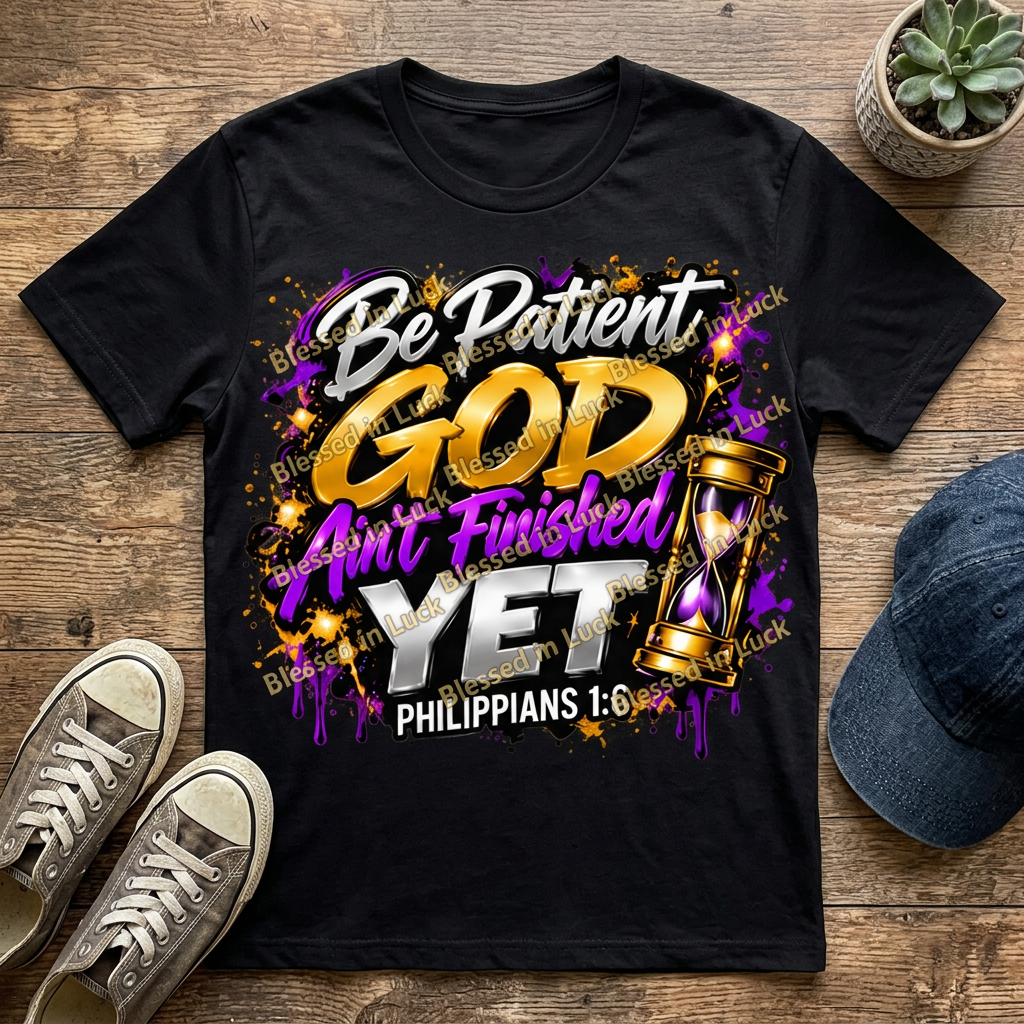 Be Patient, God Ain't Finished Yet Philippians 1:6 graphic printed on a black T-shirt