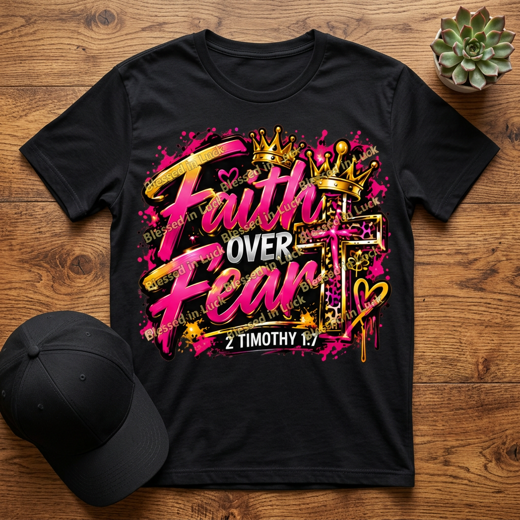 Faith Over Fear 2 Timothy 1:7 graphic printed on a black T-shirt