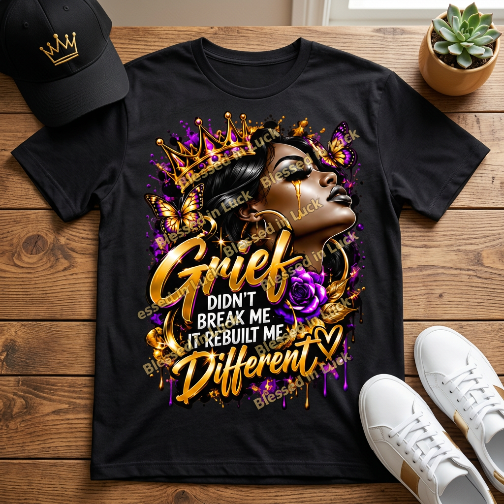 Grief faith graphic printed on a black T-shirt