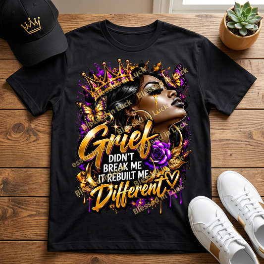 Grief faith graphic printed on a black T-shirt