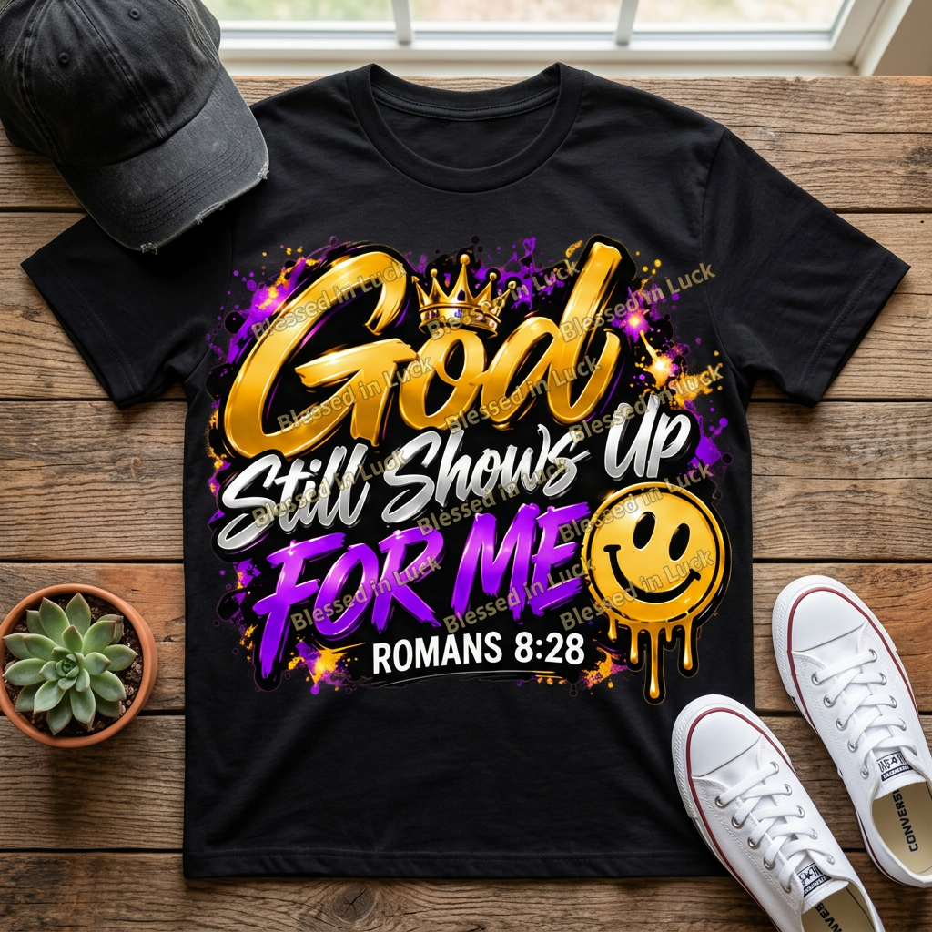 God Still Shows Up for Me Romans 8:28 graphic printed on a black T-shirt