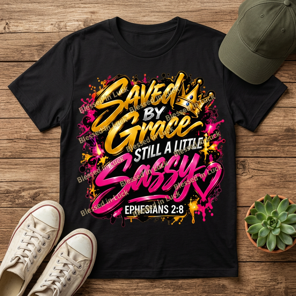Saved by Grace, Still a Little Sassy Ephesians 2:8 graphic printed on a black T-shirt