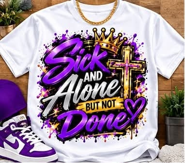 White Sick and Alone but Not Done graphic T-shirt with purple, white, and gold lettering, a cross, crown, and hearts; styled with accessories.