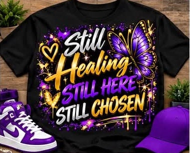 Black Still Healing Still Here Still Chosen graphic T-shirt with a purple butterfly, gold hearts, and purple, gold, and white lettering; styled with accessories.